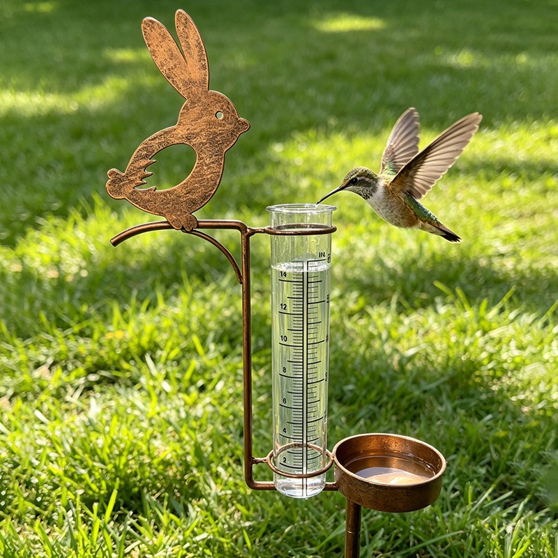 Shelly Plug - Metalen konijnen-regenmeter tuinpaal, 2-in-1 vogelvoederbak, roestvrij