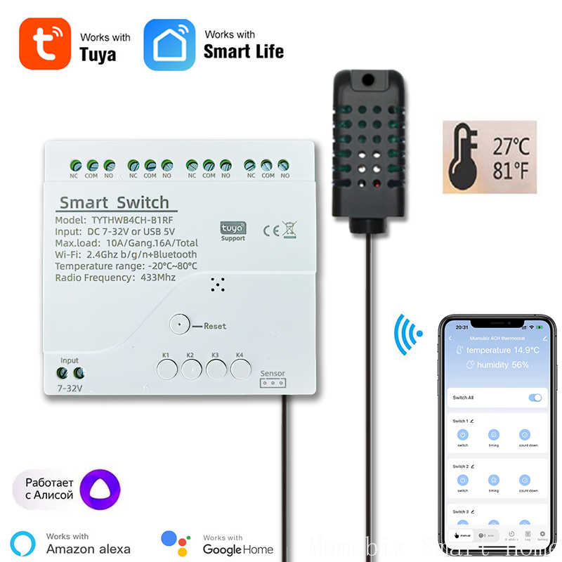 Tuya 4 Channel - Tuya Smart 7-32V WiFi 4-kanaals relais